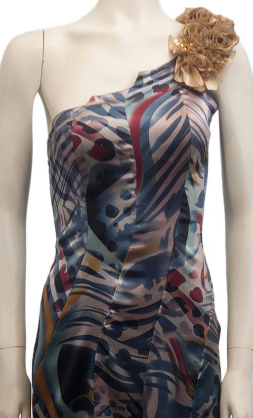Vestido Longo estampado, com aplicação em Cetim